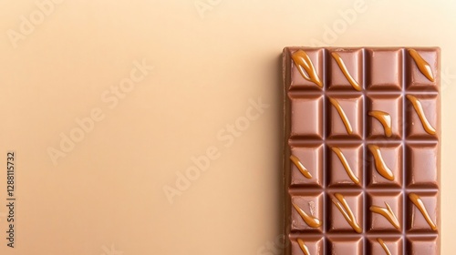 Chocolate bar with caramel drizzles on smooth, warm background c