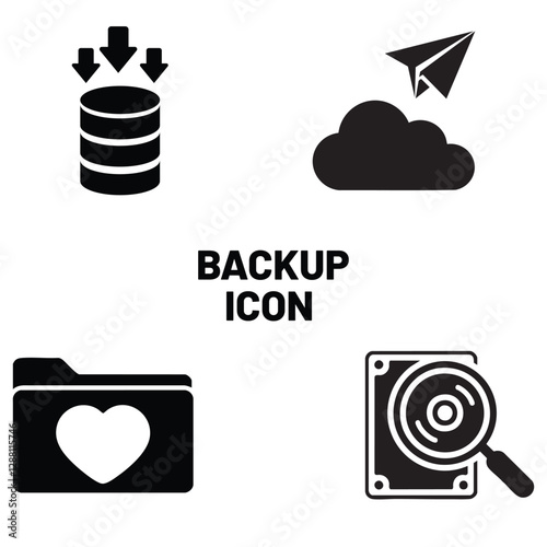 This set of four black and white vector icons represents various backup methods.