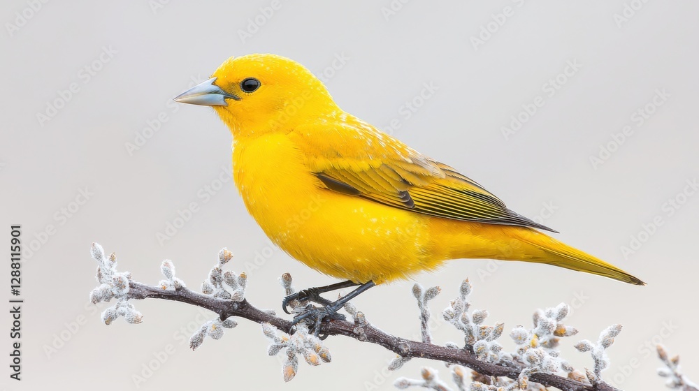A vibrant yellow bird perches on a branch, showcasing its striking color against a soft, muted backdrop. A vibrant yellow bird perches on a branch, showcasing its striking color against a soft, muted backdrop.