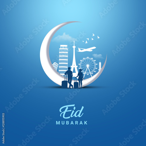 Tour, Travel, Airlines, Aviation, Tourism, Tourist visit creative concept idea design for Eid, Ramadan, Eid Ul Adha Islamic festival poster with new moon monuments airplane and tourist