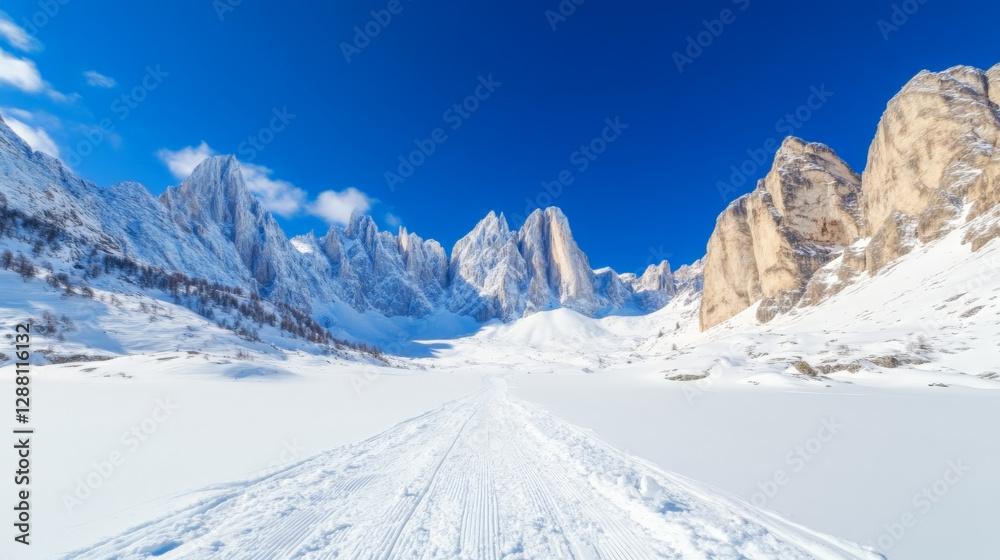 A snow-covered path winds through a breathtaking winter landscape, framed by majestic snow-capped mountains under a vibrant blue sky. A snow-covered path winds through a breathtaking winter landscape, framed by majestic snow-capped mountains under a vibrant blue sky.
