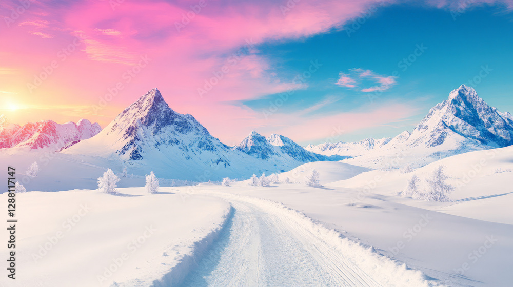 Serene winter landscape: snow-covered mountains bathed in the soft glow of a sunrise, a peaceful path winding through the pristine scene. Serene winter landscape: snow-covered mountains bathed in the soft glow of a sunrise, a peaceful path winding through the pristine scene.