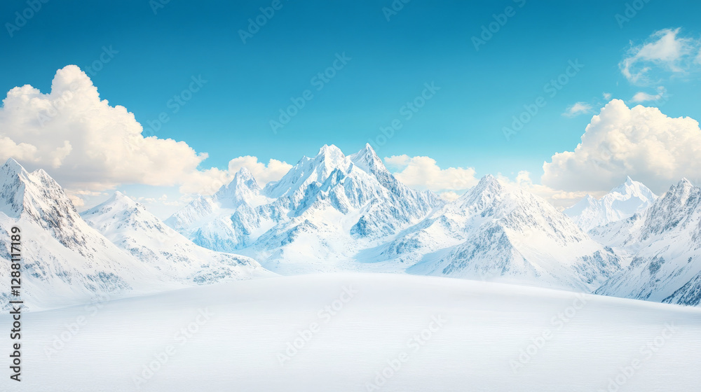 Obraz premium Serene winter landscape showcasing majestic snow-capped mountains under a vibrant blue sky. A breathtaking view of nature's beauty.