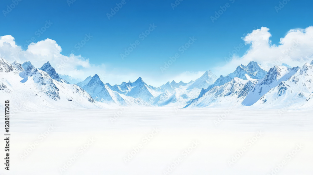 Fototapeta premium Serene winter landscape featuring a vast expanse of snow, with majestic snow-capped mountains under a clear blue sky.