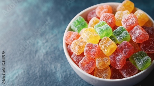 Colorful gummy candies arranged in bowl, showcasing vibrant hues