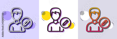 Edit User line icon. Halftone dotted pattern. Gradient icon with grain shadow. Profile Avatar with pencil sign. Male Person silhouette symbol. Line edit person icon. Various designs. Vector