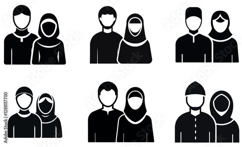 Simple, black and white icons depicting a Muslim couple.
