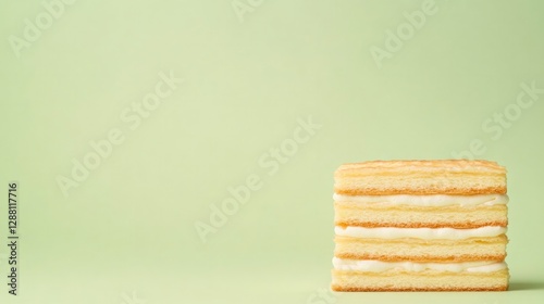 Layers of crispy wafers stacked neatly against soft green backgr