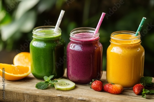 Vibrant healthy smoothies with fresh fruits and mint on wooden table
