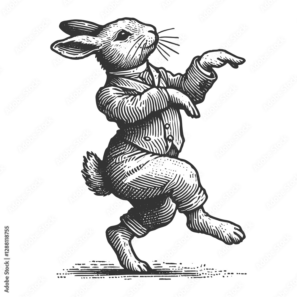 Fototapeta premium Dancing Easter bunny rabbit wearing a formal suit and bowtie, joyfully dancing sketch engraving generative ai fictional character raster illustration. Scratch board imitation. Black and white image.