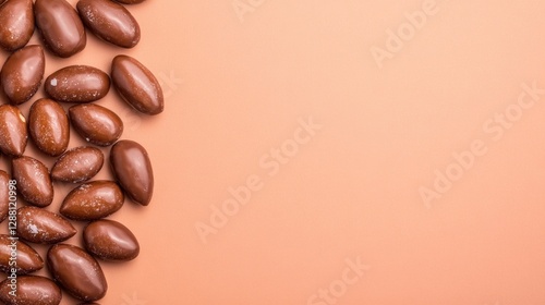 Brown coffee beans scattered on soft peach background, creating