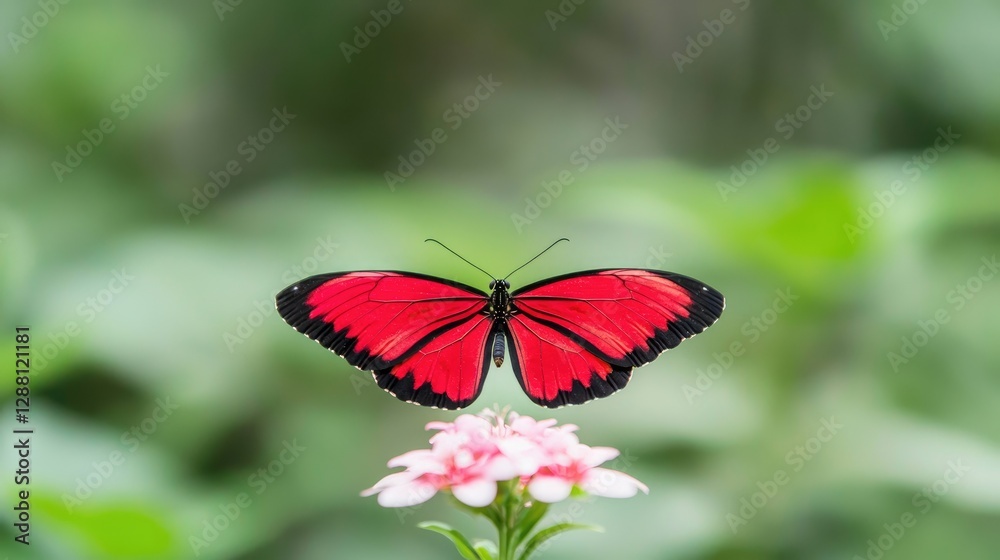 Red butterfly on pink flower, garden background, nature Red butterfly on pink flower, garden background, nature