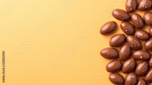 Brown chocolate eggs scattered on vibrant yellow background crea