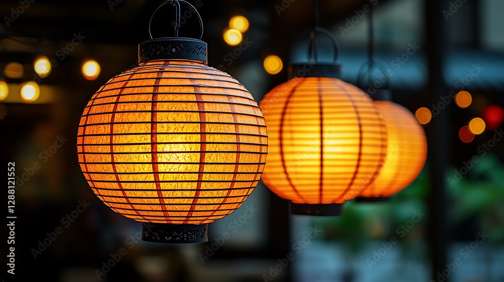 Obraz premium Hanging paper lanterns, warm light, outdoor cafe, blurred background