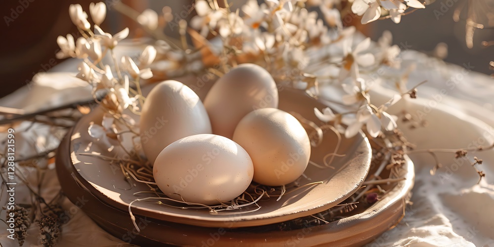 Neutral-toned Easter eggs resting on an artistic clay dish surrounded by delicate dried florals in soft sunlight Neutral-toned Easter eggs resting on an artistic clay dish surrounded by delicate dried florals in soft sunlight