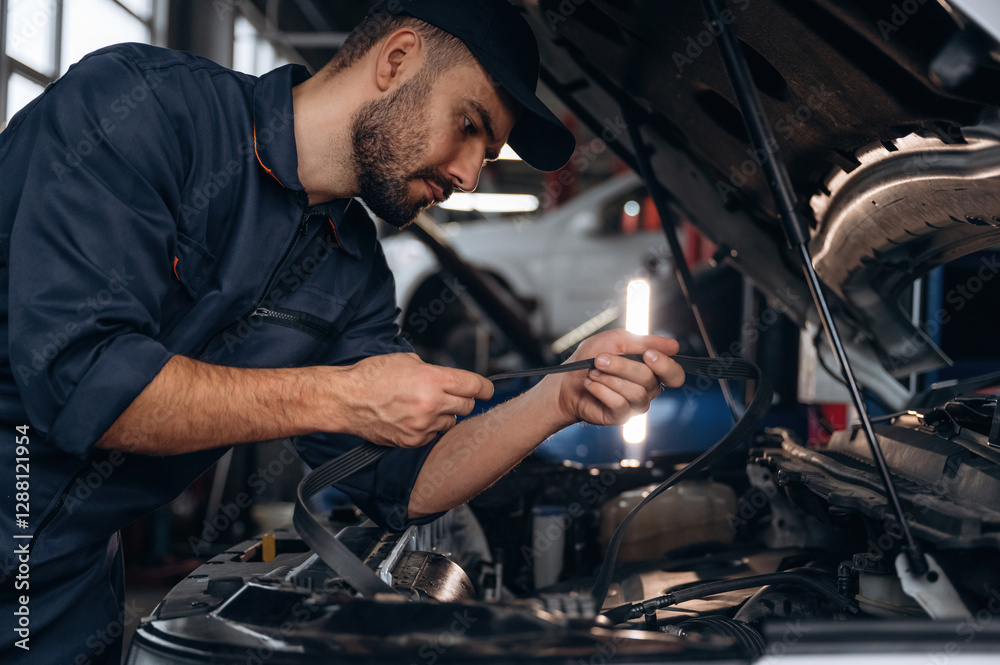 Cable installation. Mechanic working in a car service station Cable installation. Mechanic working in a car service station