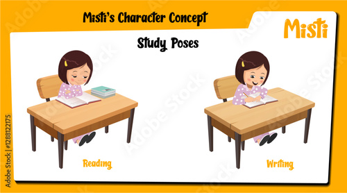 A girl studing cartoon, vector. School girl writing cartoon, vector & clipart. Cartoon girl reading, illustration & clipart