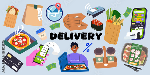 Food, products from the supermarket and ready lunches retro stickers. Collection of delivery service, fast food, courier service. Delivery food, takeaway lunch. Payment methods