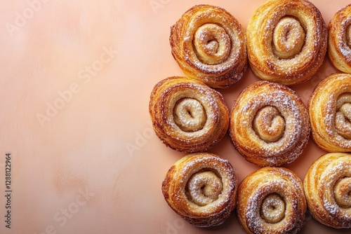 Delicious cinnamon rolls arranged beautifully on soft pastel bac