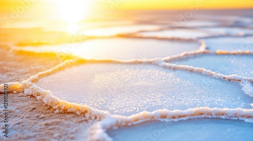 Weathering process idea. A stunning close-up of salt flats with a vibrant sunset illuminating the landscape.