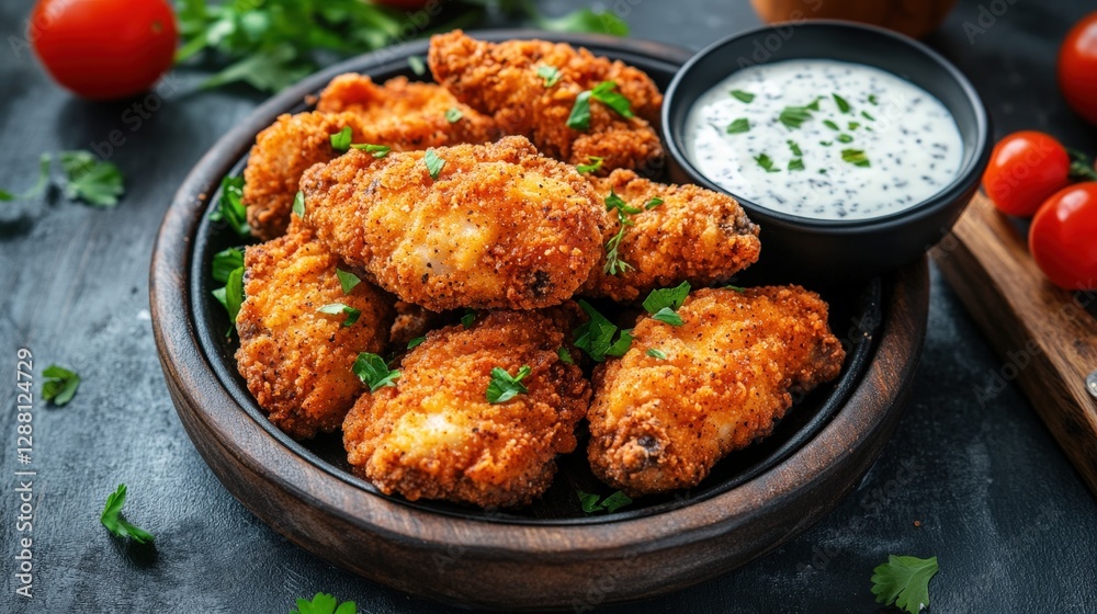 Crispy Fried Chicken Wings with Dipping Sauce and Fresh Ingredients Crispy Fried Chicken Wings with Dipping Sauce and Fresh Ingredients