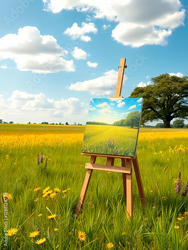 easel in a field with a painted landscape