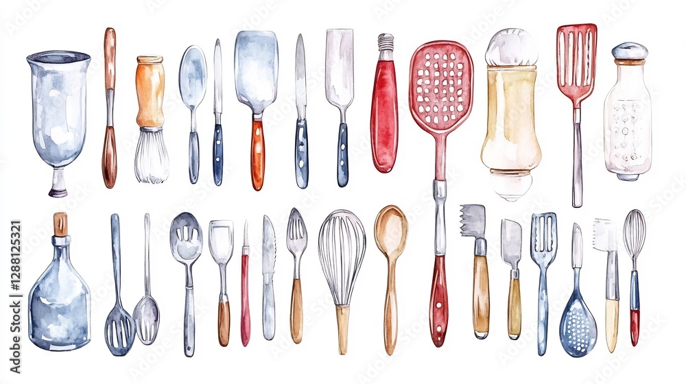 Assortment of Various Kitchen Utensils and Dishware on White Background Assortment of Various Kitchen Utensils and Dishware on White Background