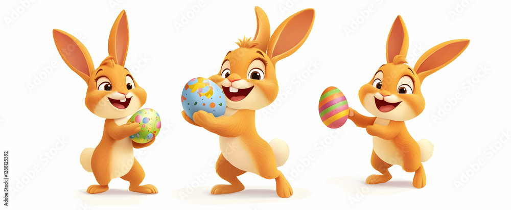 Obraz premium Smiling cartoon bunnies with festive eggs, designed in a lively and colorful Easter-themed layout.