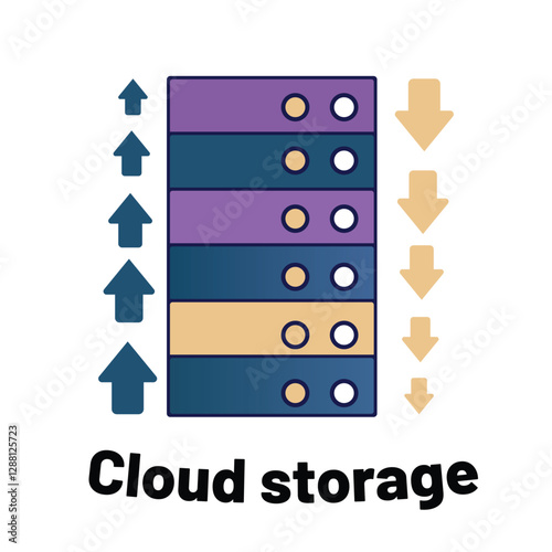 Cloud Storage Illustration Depicting Data Upload and Download. This colorful illustration depicts a cloud storage system, featuring multiple vertical tiers representing data storage.