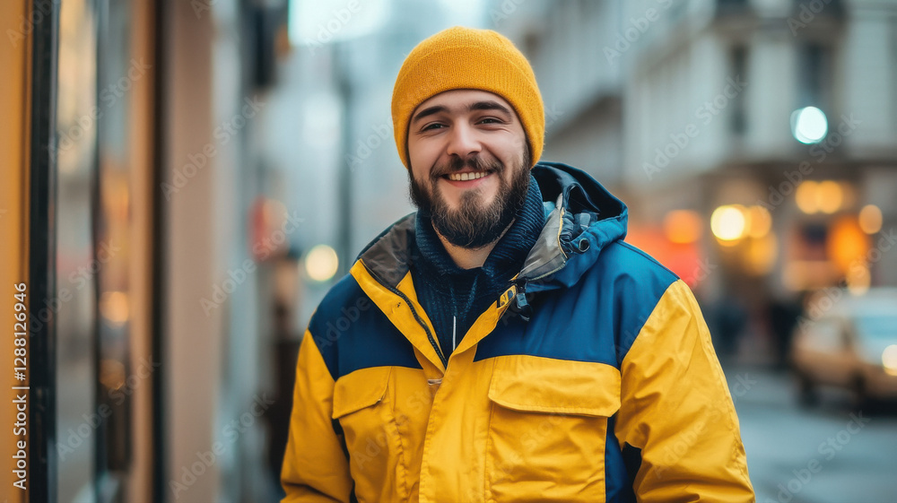 front view of postman yellow and blue clothes smiling on city background. front view of postman yellow and blue clothes smiling on city background.