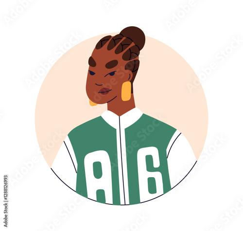 Black woman avatar. African-American female portrait. Girl in sport jacket an...