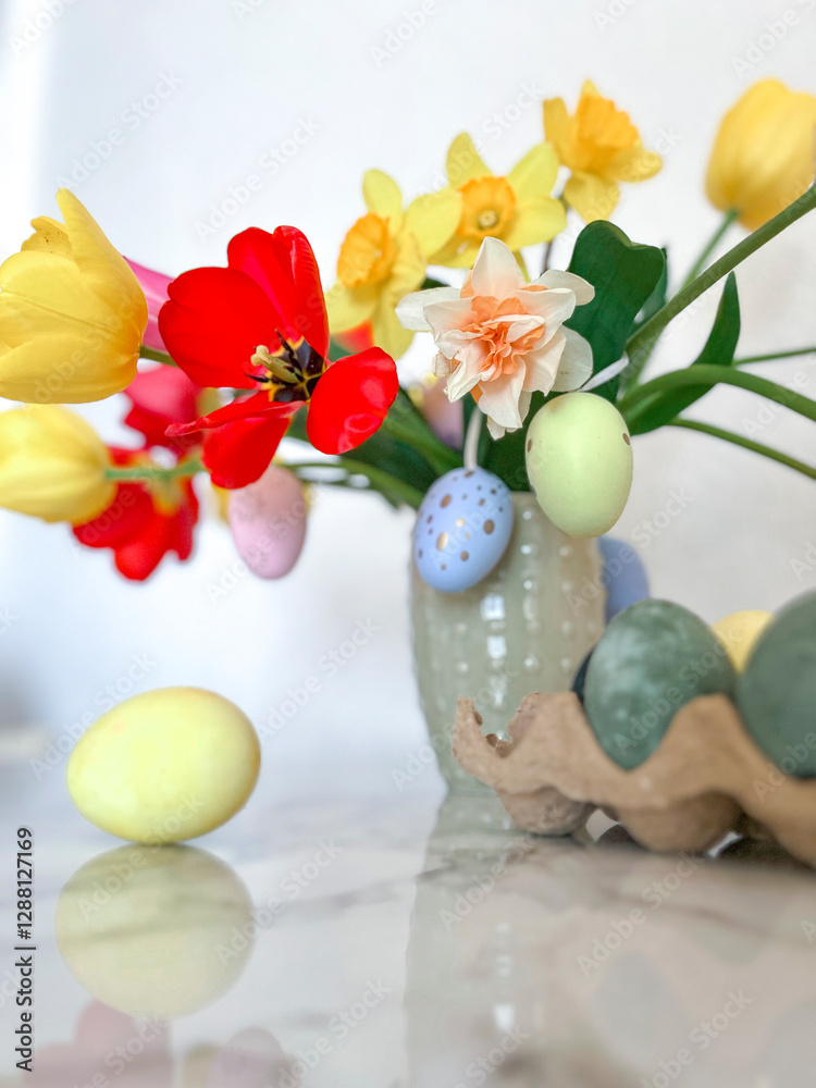 An Easter card. Colorful bright tulips decorated with eggs are in a vase on the table next to colorful eggs. Vertical photography