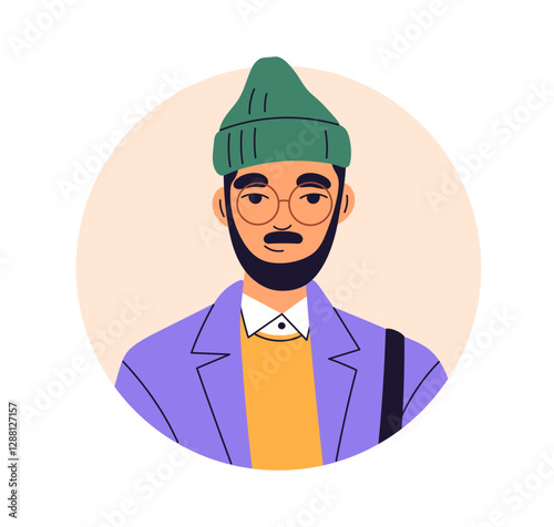 Man avatar. Young male, head portrait. Person in modern style fashion outfit, beanie hat, glasses and beard. Creative character, user profile. Flat vector illustration isolated on white background