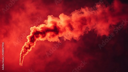 Red smoke plume against sunset sky; industrial pollution concept