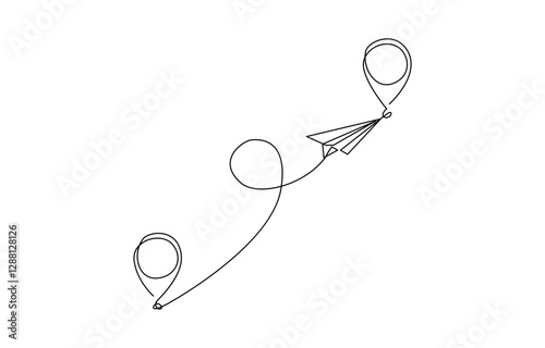 Continuous one line drawing Pointing location at map and paper plane, hand drawn way destination continuous contour, One Continuous line drawing of aircraft flight routes and airport destinations.