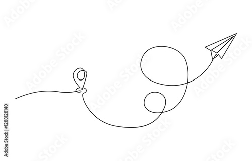 Continuous one line drawing Pointing location at map and paper plane, hand drawn way destination continuous contour, One Continuous line drawing of aircraft flight routes and airport destinations.
