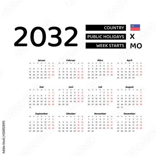 Calendar 2032 German language with Liechtenstein public holidays. Week starts from Monday. Graphic design vector illustration.