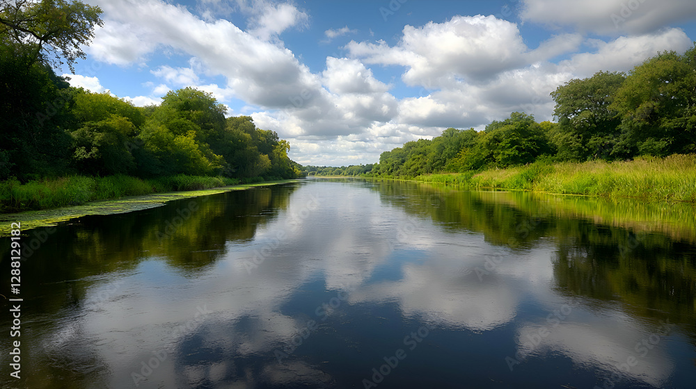 Serene River Landscape with Cloud Reflections Serene River Landscape with Cloud Reflections