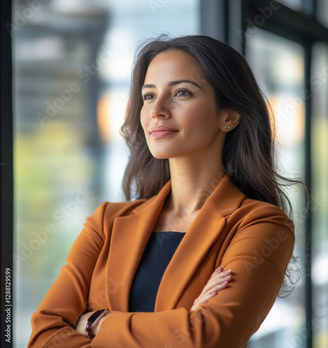 Happy confident young professional business woman standing at work in office arms crossed