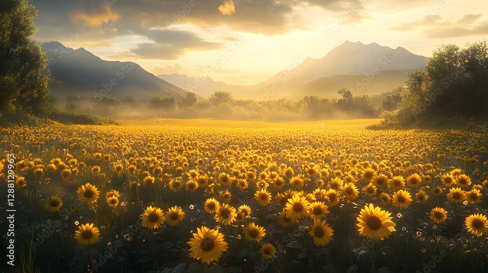 Fototapeta premium An Impressive Scene Celebrating World Wildlife and Flora Day, Showcasing a Giant Sunflower Field Illuminated by the Glowing Sunrise and the Richness of Nature