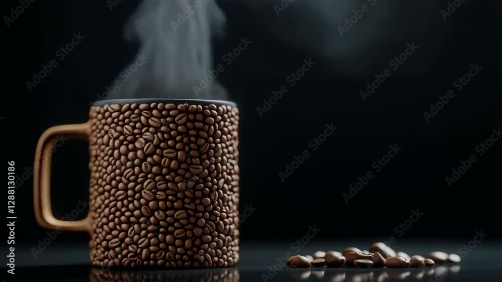 Steaming coffee mug with coffee beans on black background
