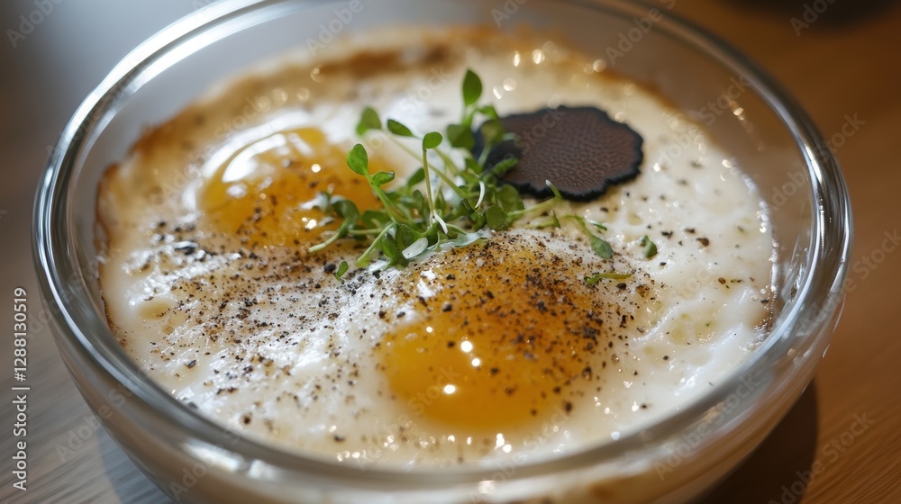 Baked egg en cocotte with herbs gourmet kitchen food photography elegant setting close-up culinary art Baked egg en cocotte with herbs gourmet kitchen food photography elegant setting close-up culinary art