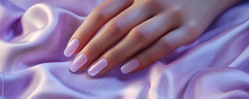 Fototapeta premium Soft pastel nails resting on silky fabric create elegant and serene atmosphere. gentle sheen of nails complements smooth texture of fabric, enhancing overall aesthetic