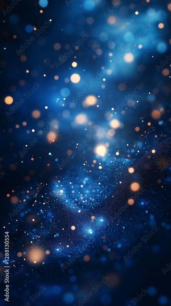 Fototapeta premium Celestial dust sparkles against a deep blue backdrop, creating an ethereal scene of blurred light and otherworldly beauty.