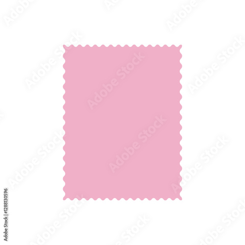 Empty pink sheet of paper for placing in notes. Vertical rectangular frame with cut out wavy edge. Vector illustration. Empty label on transparent and white background. Postage stamp.
