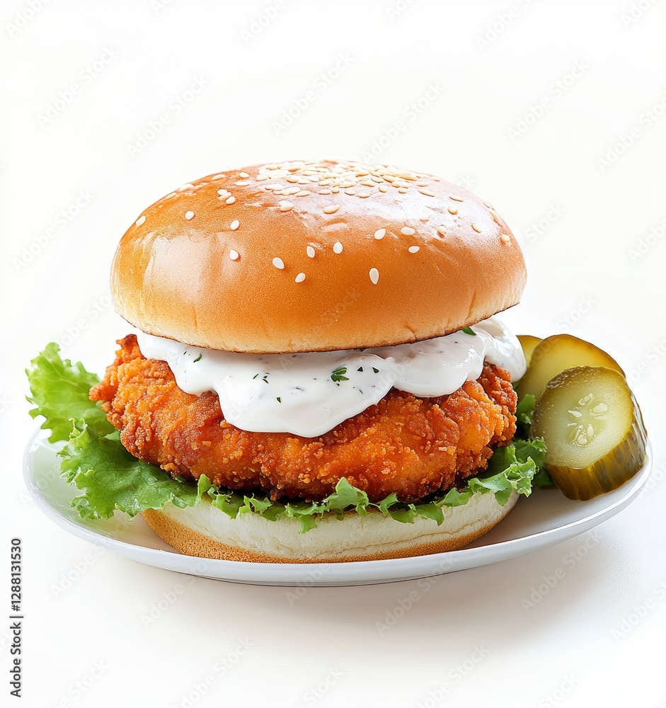 Fried chicken sandwich with mayonnaise and pickles on a white background, side view, realistic photography, food advertising, delicious Fried chicken sandwich with mayonnaise and pickles on a white background, side view, realistic photography, food advertising, delicious