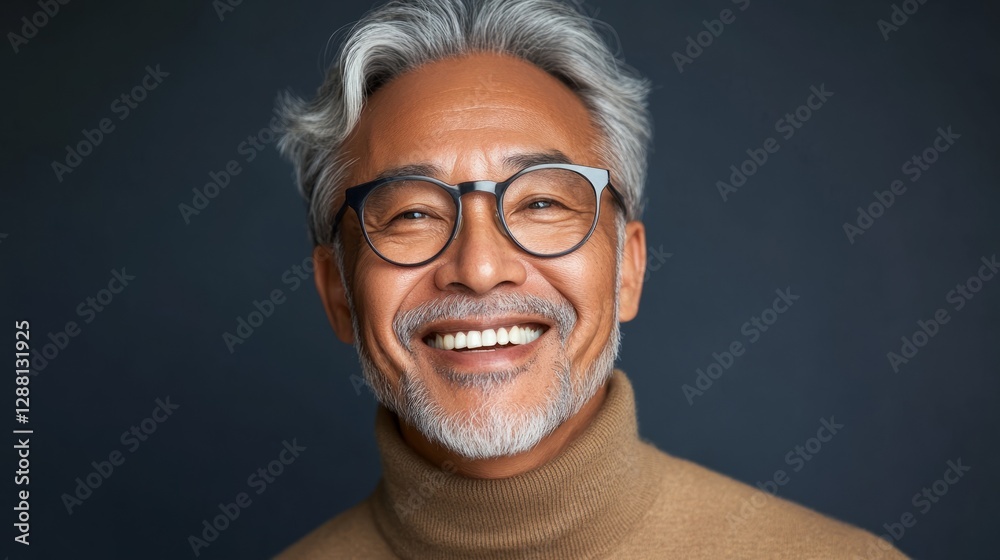 Obraz premium An elderly Asian man wearing glasses and a beard, smiling broadly.