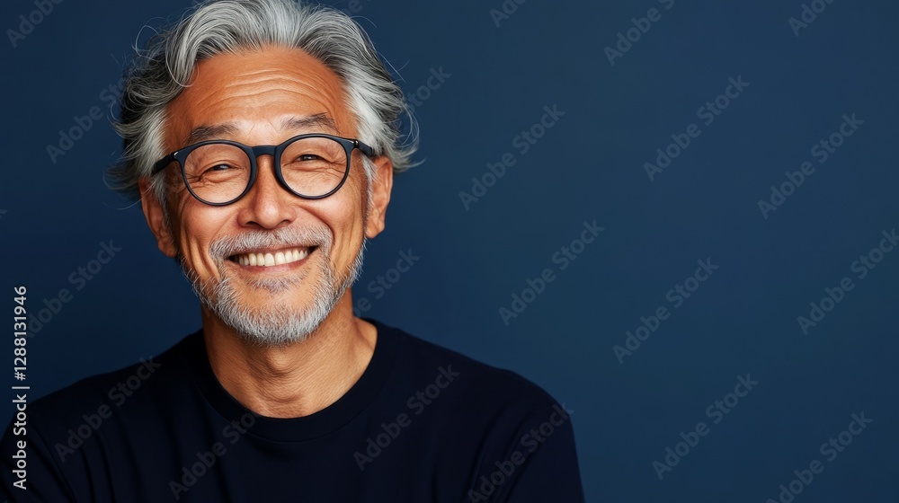 Obraz premium A smiling Asian man wearing glasses and a dark top.