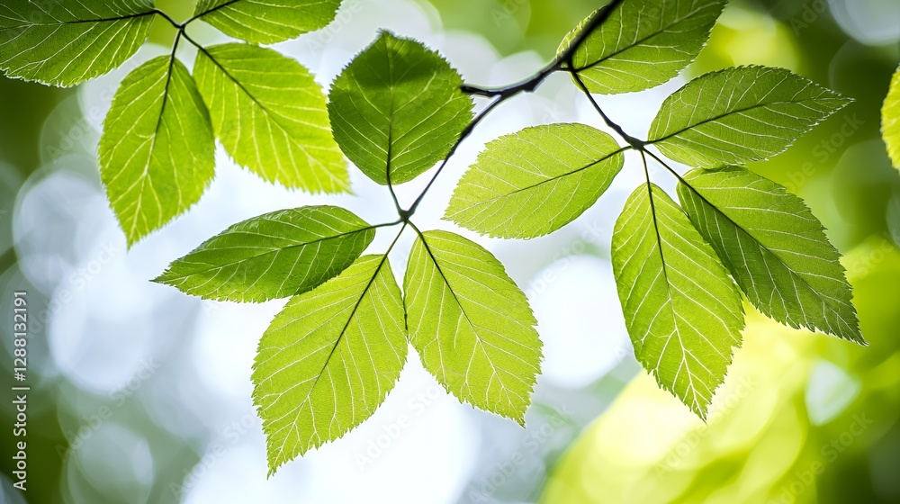 Closeup of Bright Green Leaves on a Branch with Soft Bokeh Background Closeup of Bright Green Leaves on a Branch with Soft Bokeh Background