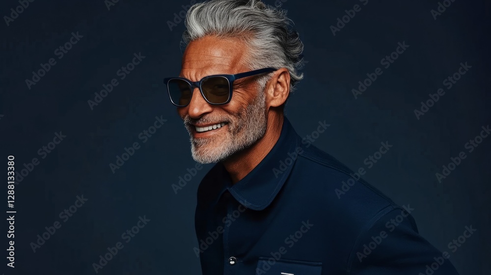 Fototapeta premium The image features an older man wearing sunglasses and a navy jacket, with short, grey hair.
